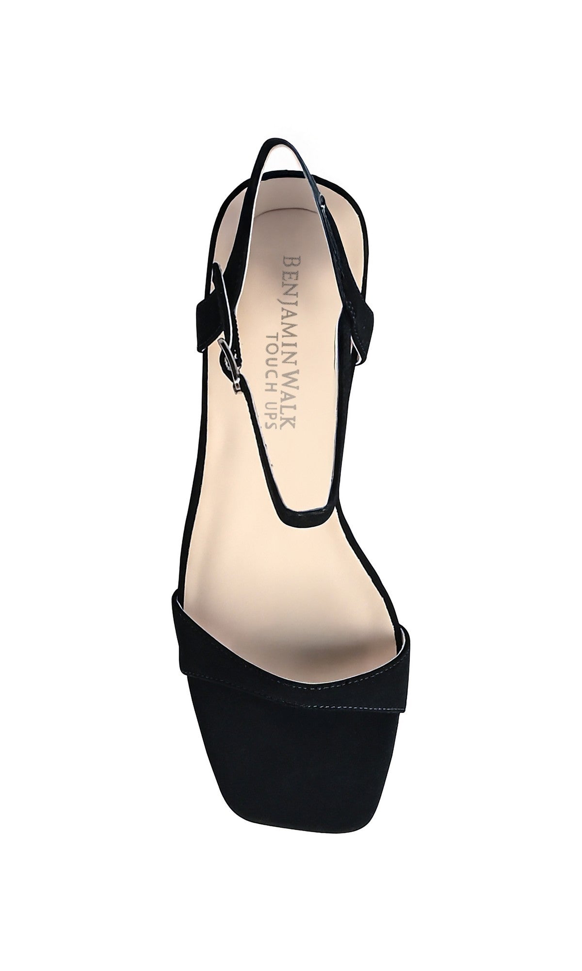 The True Black Prom Shoes: Touch Ups 4770 feature a black block heel, open toe, ankle strap, and Benjamin Walk Touch Ups branding on the insole—shown from above on a white background—ideal for stylish prom sandals.